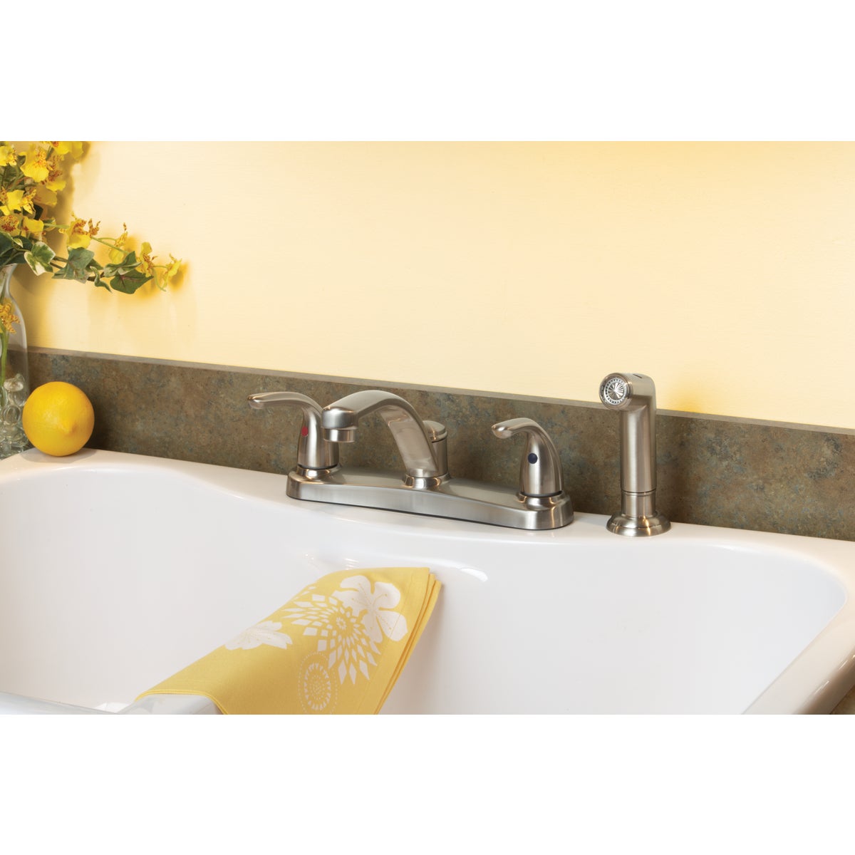 Home Impressions Dual Handle Metal Lever Kitchen Faucet with Side Spray, Brushed Nickel