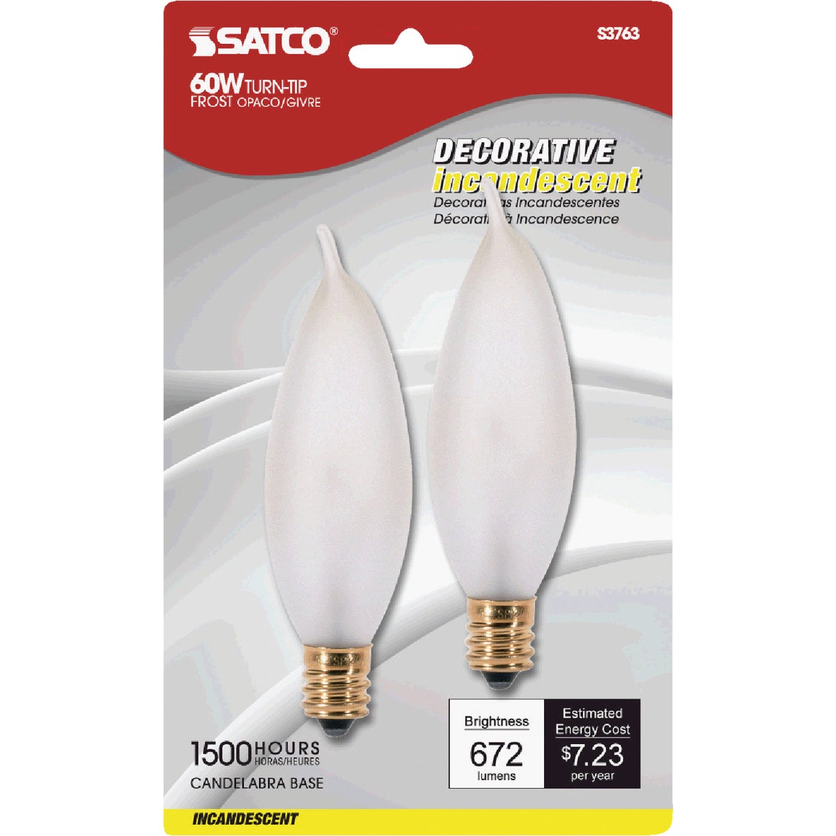 Satco 60W Frosted Soft White Candelabra CA10 Incandescent Turn Tip Decorative Light Bulb (2-Pack)