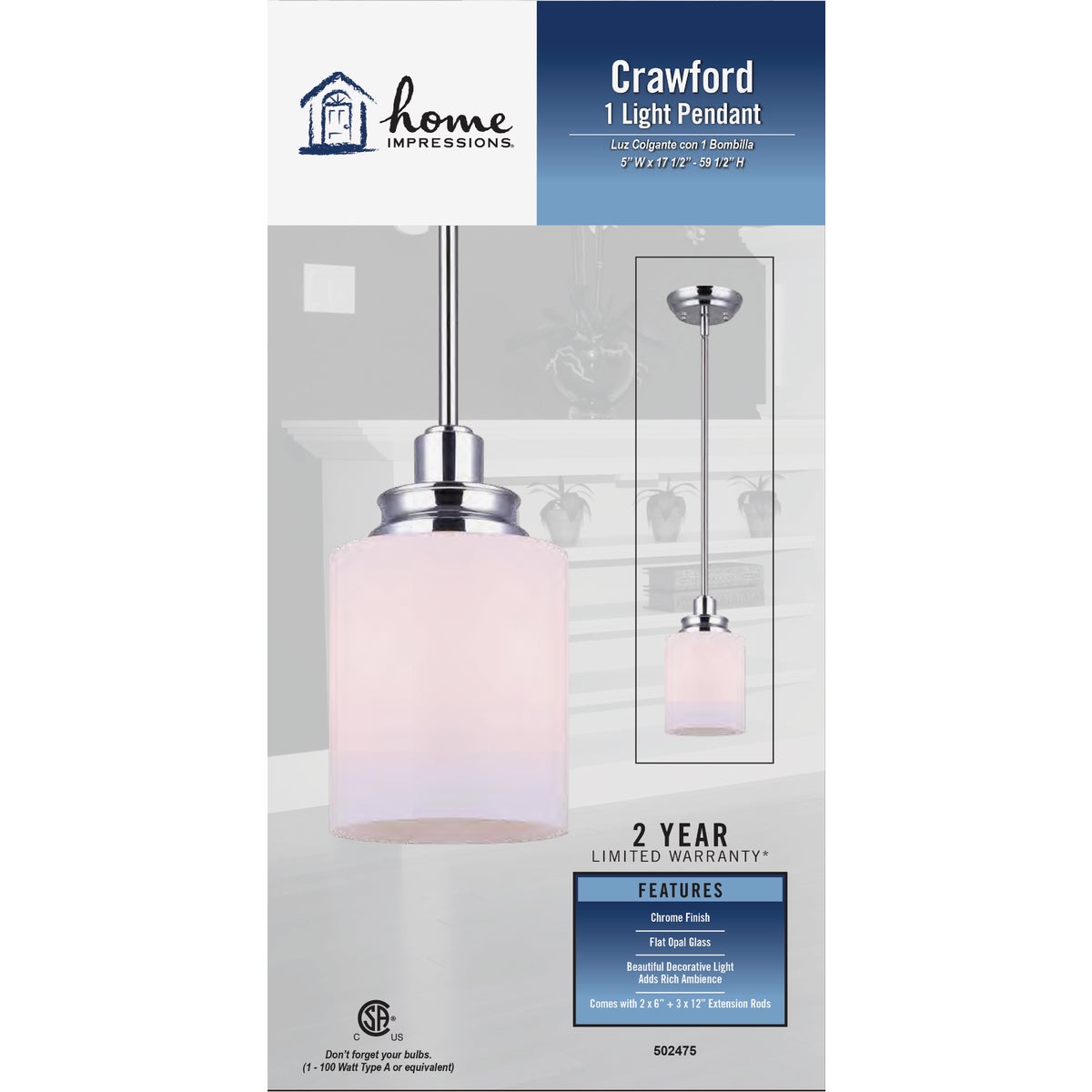 Home Impressions Crawford 1-Bulb Polished Chrome Incandescent Pendant Light Fixture