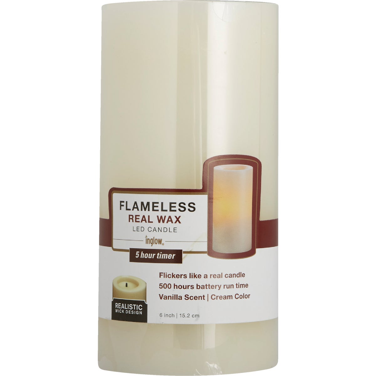 Inglow 6 In. H. x 3 In. Dia. Cream Wax Pillar Flameless Candle