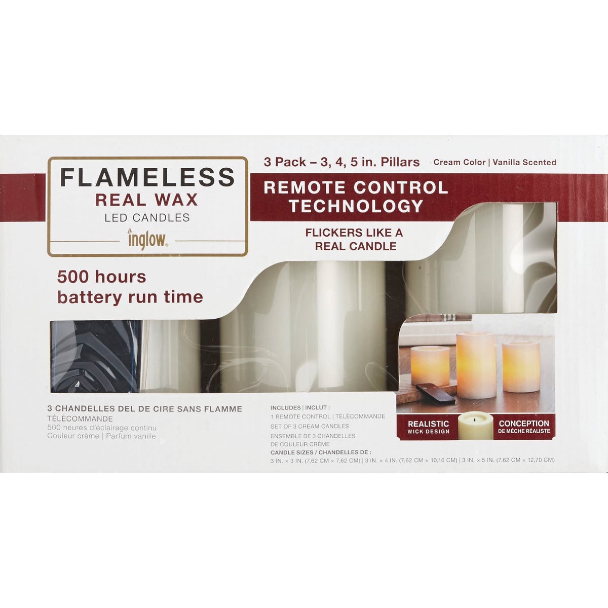 Inglow 3 In. Dia. Cream Wax Pillar Flameless Candle Set with Remote Control (3-Pack)