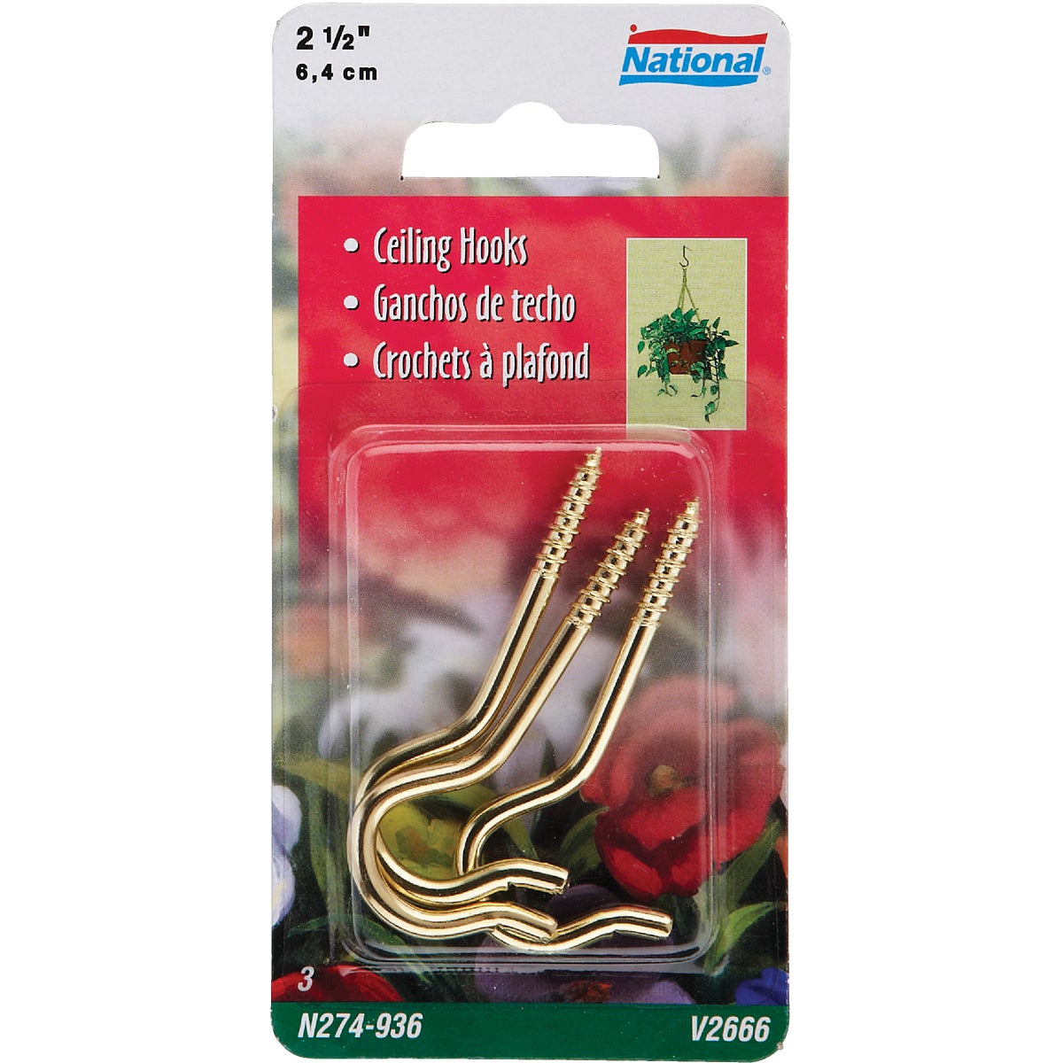 National 2-1/2 In. Brass Ceiling Hook (3-Pack)