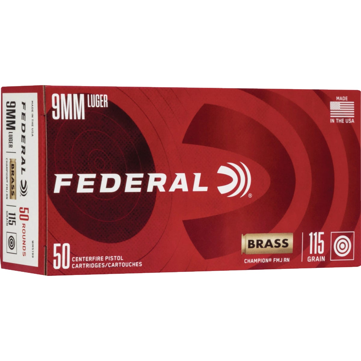 Federal Champion 9mm Luger 115 Grain FMJ RN Brass Centerfire Ammunition Cartridges