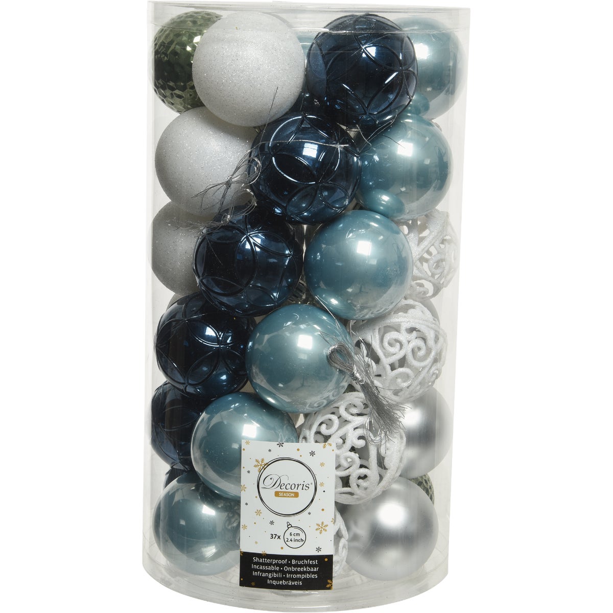 Decoris 2.4 In. Shatterproof Misty Blue, Night Blue, Moss Green, Silver, & Winter White Bauble Christmas Ornament (37-Pack)