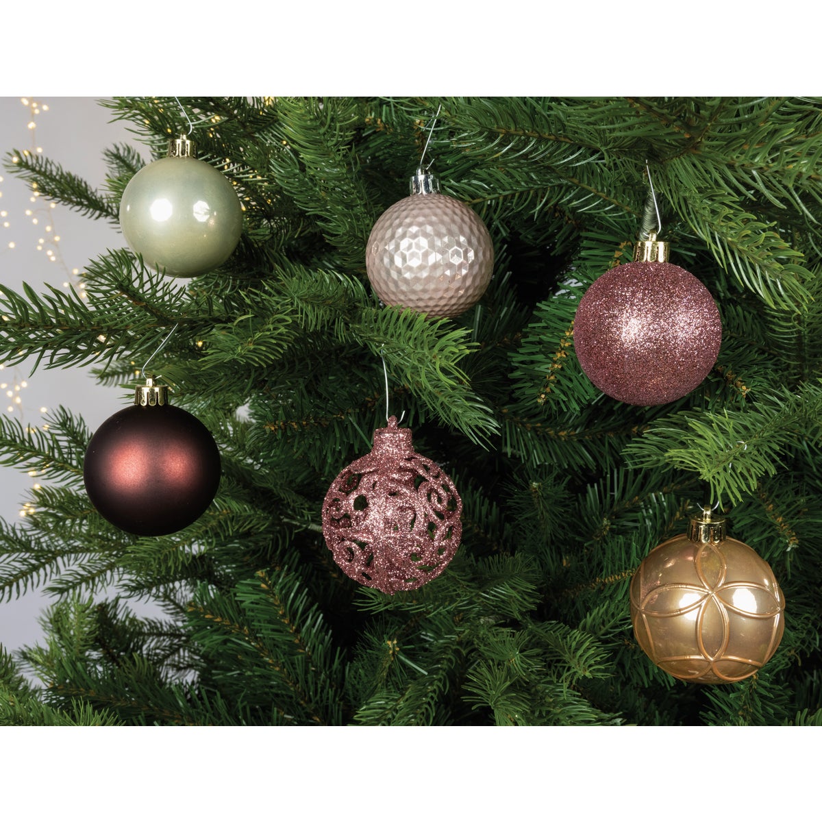 Decoris 2.4 In. Shatterproof Blush Pink, Butterscotch, Pearl, & Red Bauble Christmas Ornament (37-Pack)