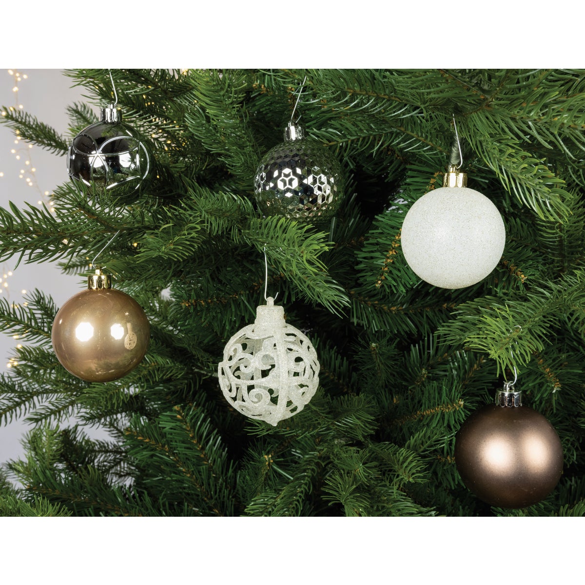 Decoris 2.4 In. Shatterproof Butterscotch, Silver, Walnut, & Wool White Bauble Christmas Ornament (37-Pack)