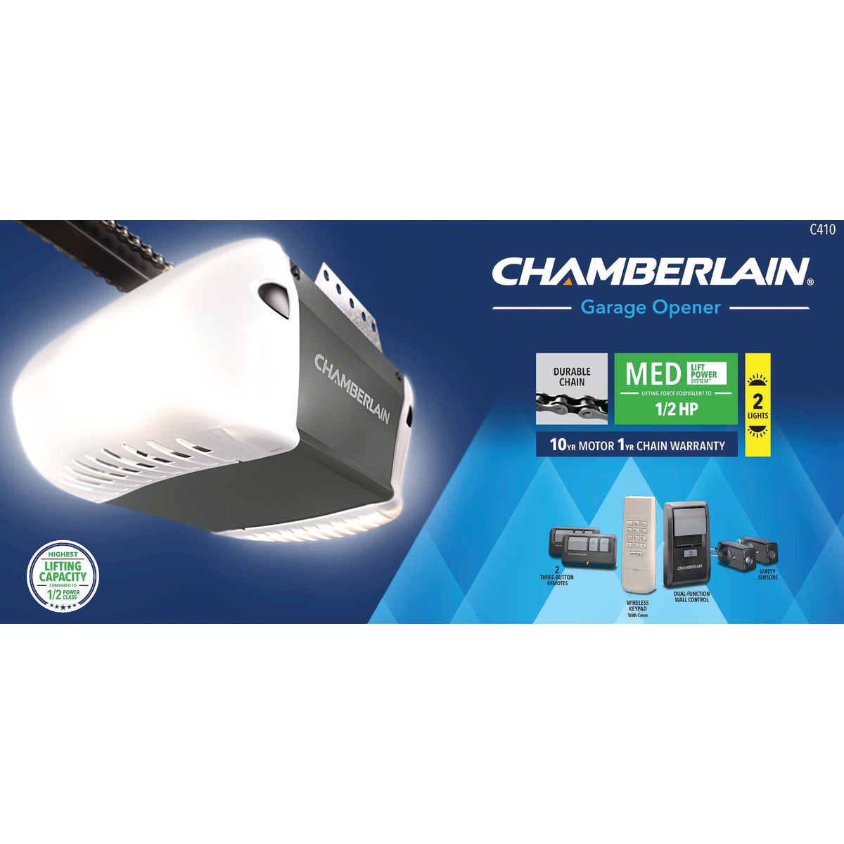 Chamberlain C-410 1/2 HP Durable Chain Drive Garage Door Opener with MED Lifting Power