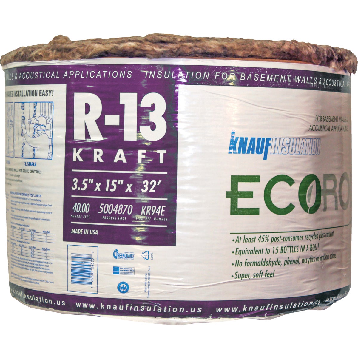 Knauf R-13 15 In. X 32 Ft. Kraft Faced Roll Fiberglass Insulation