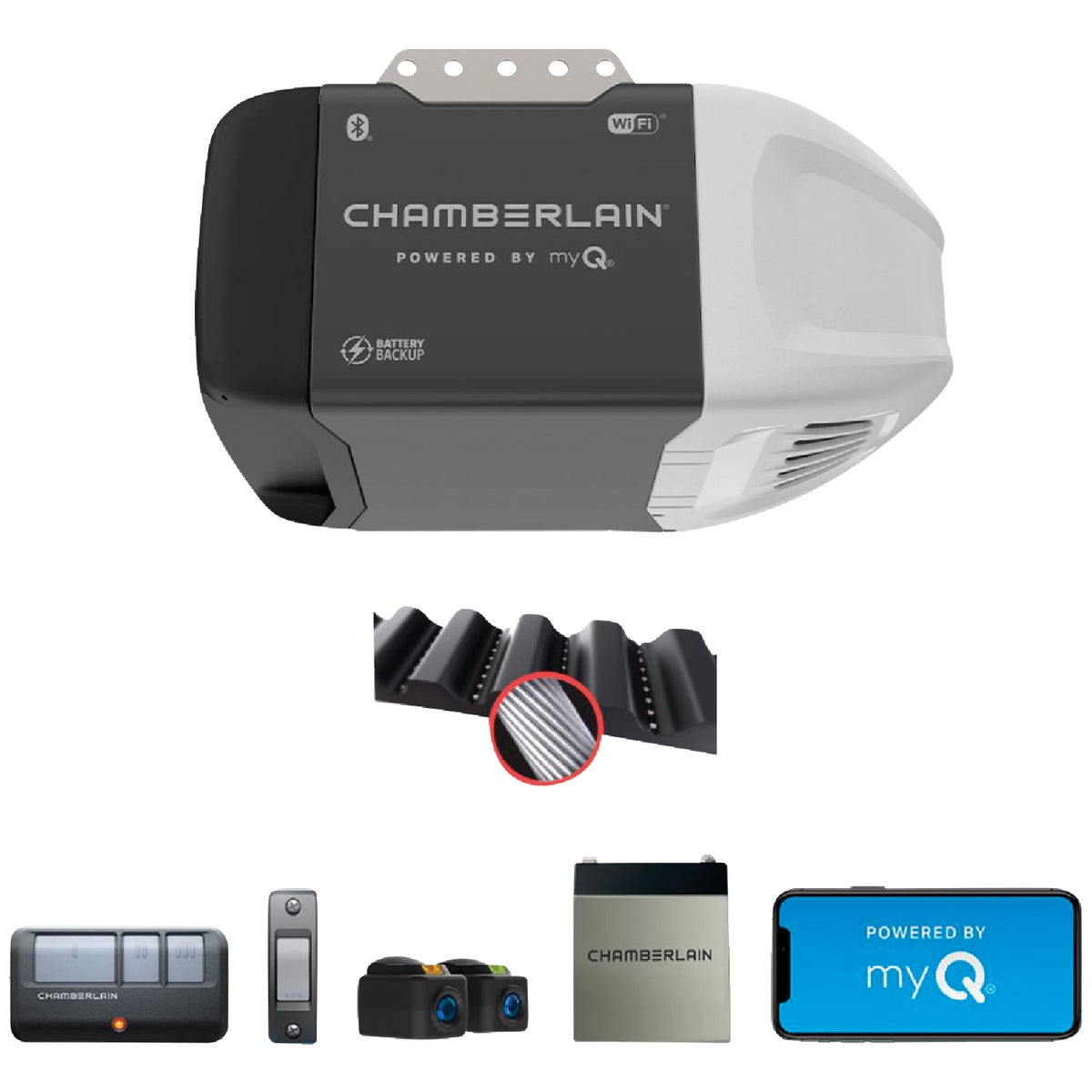 Chamberlain B2212T 1/2 HP myQ Smart Belt Drive Garage Door Opener with WiFi and Battery Backup