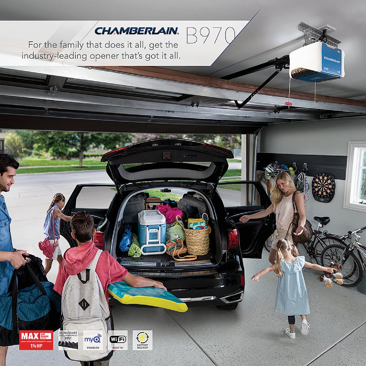 Chamberlain 1-1/4 HP Smartphone-Controlled Ultra-Quiet & Strong Belt Drive Garage Door Opener with Built-In WiFi, Battery Backup and MAX Lifting Power