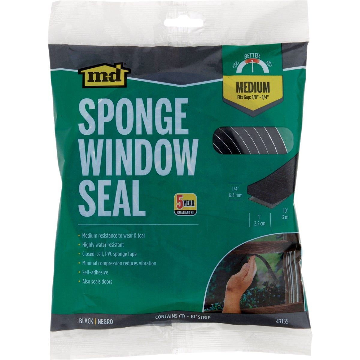 M-D 1/4 In. x 1 In. x 10 Ft. Black Sponge Window Seal