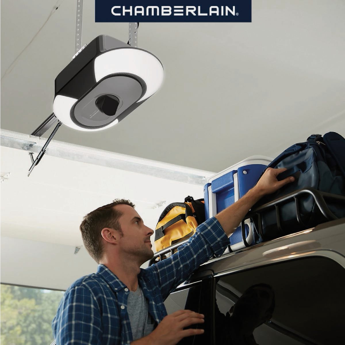 Chamberlain B6753T 1-1/4 HP myQ Secure View Smart Belt Drive Garage Door Opener with WiFi, LED Lights, Battery Backup and Camera