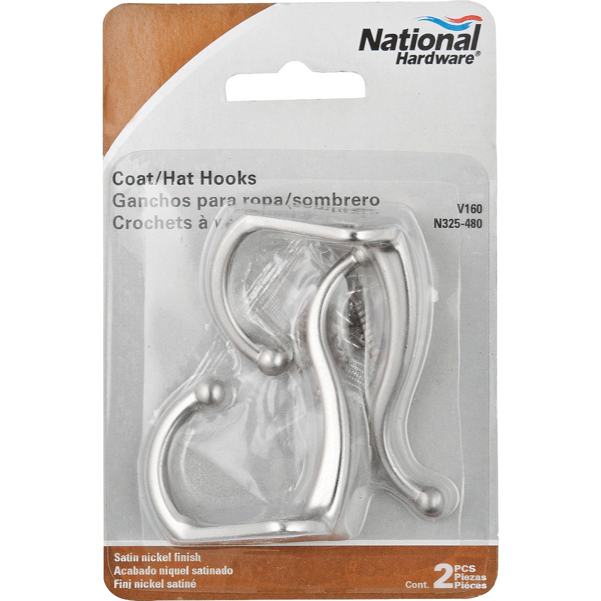 National Satin Nickel Coat & Hat Wardrobe Hook, 2 per Card