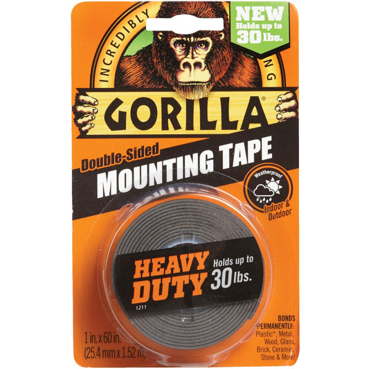 Gorilla 1 In. x 60 In. Black Heavy Duty Double-Sided Mounting Tape (30 Lb. Capacity)