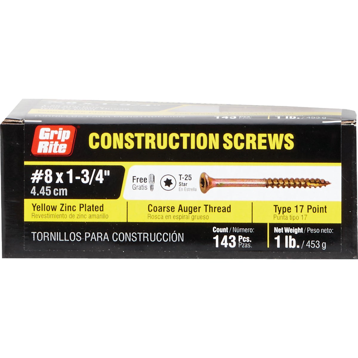 Grip-Rite #8 x 1-3/4 In. Flat Head Star Gold Construction Wood Screw (141 Ct., 1 Lb.)