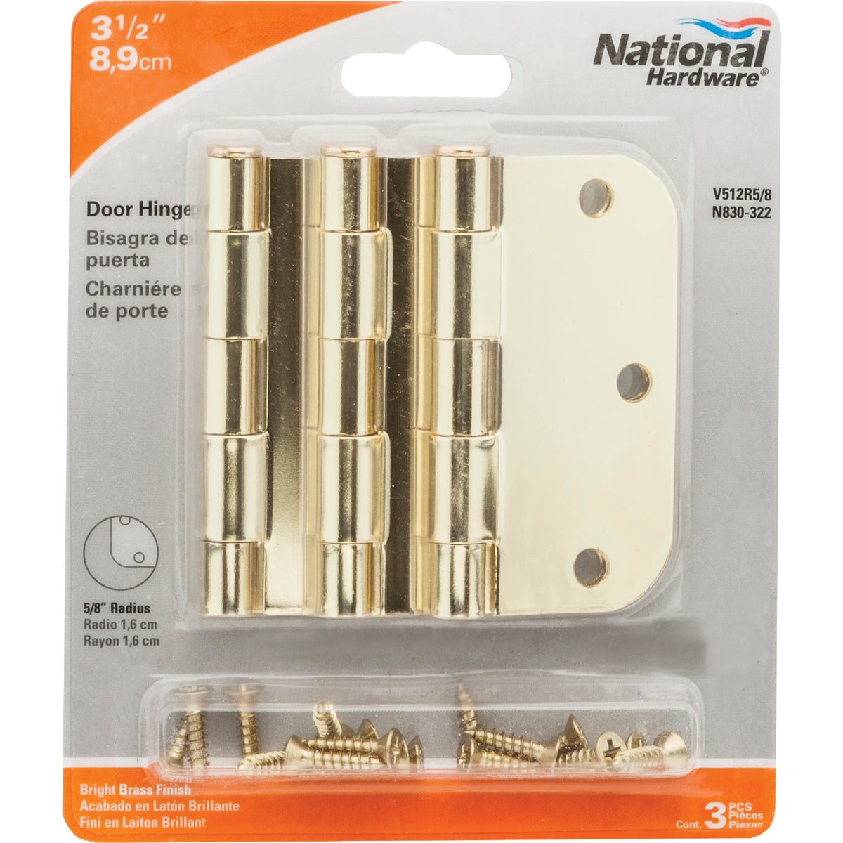 3-1/2 In. x 5/8 In. Radius Polished Brass Door Hinge (3-Pack)