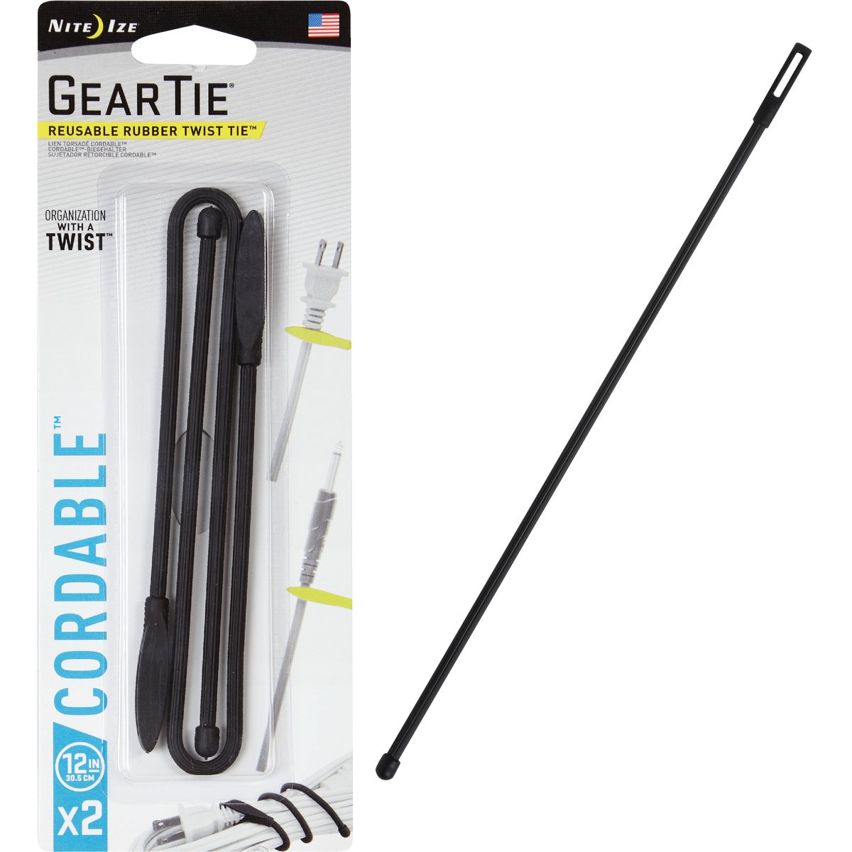 GearTie Cordable 12 In. Black Rubber Twist Tie (2-Pack)