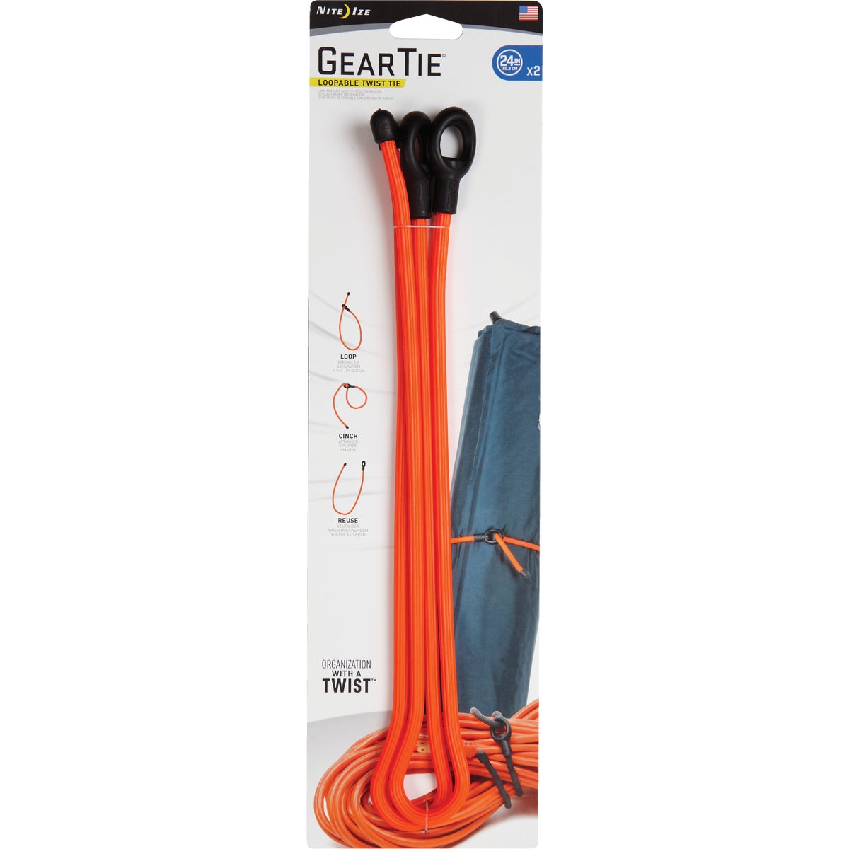 GearTie 24 In. Orange Rubber Loopable Twist Tie (2-Pack)