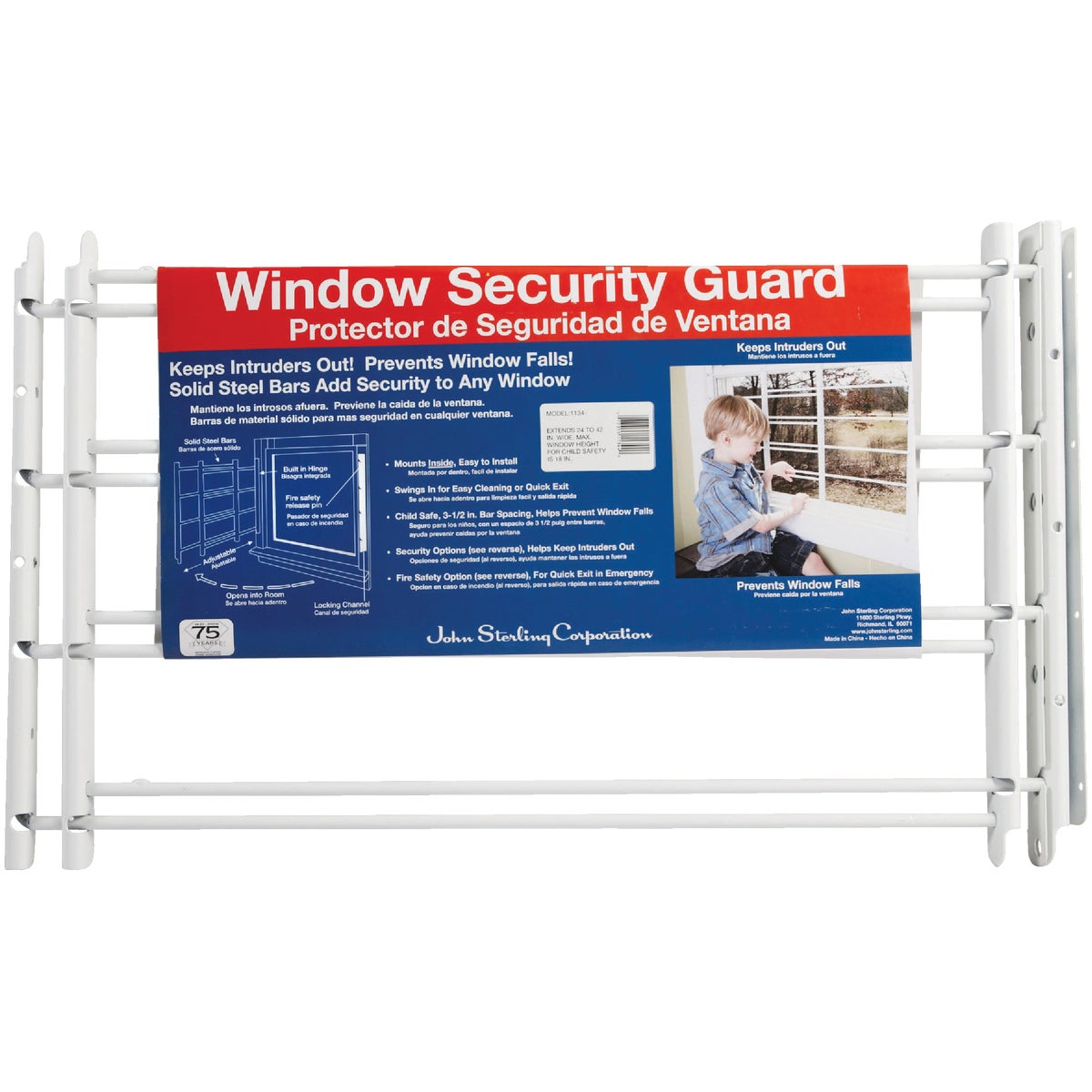 John Sterling Corp Hinged White Enamel 4-Bar Child Safety & Window Security Guard