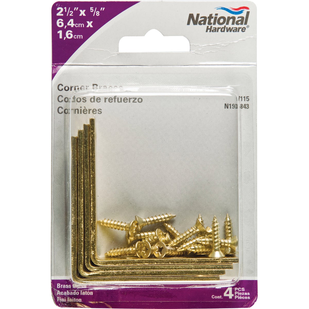 National Catalog V115 2-1/2 In. x 5/8 In. Brass Steel Corner Brace (4-Count)