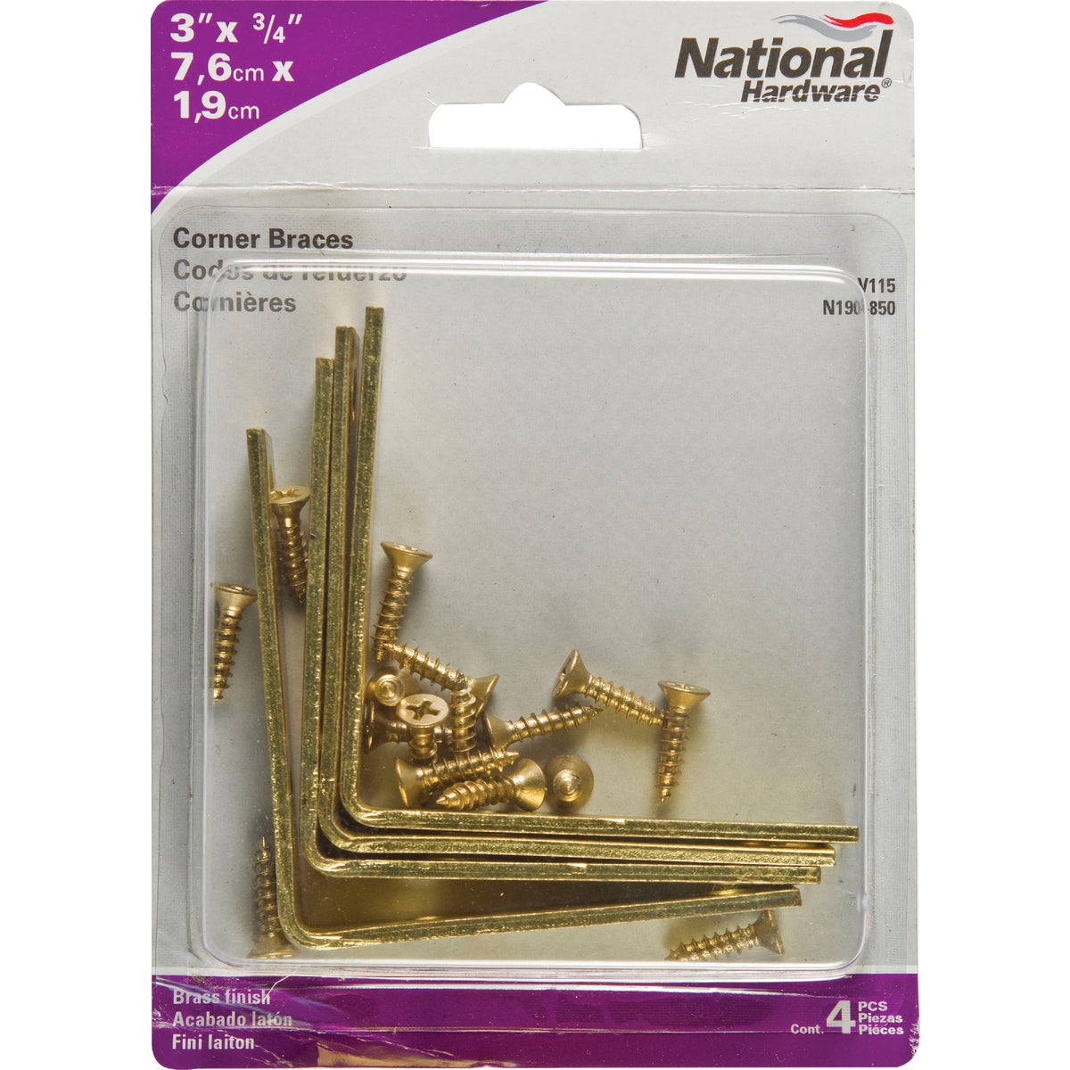 National Catalog V115 3 In. x 3/4 In. Brass Steel Corner Brace (4-Count)