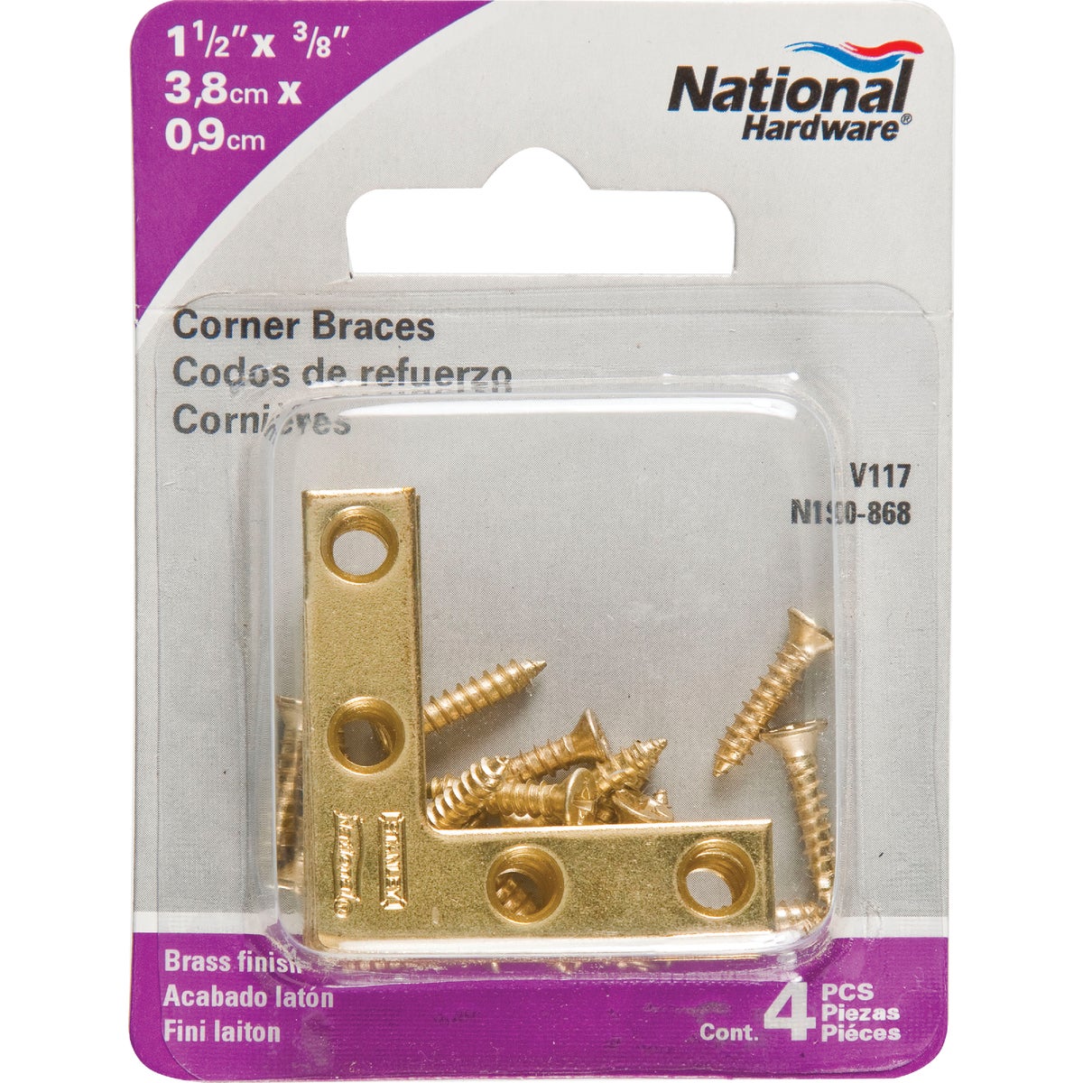 National Catalog 117 1-1/2 In. x 3/8 In. Brass Flat Corner Iron (4-Count)