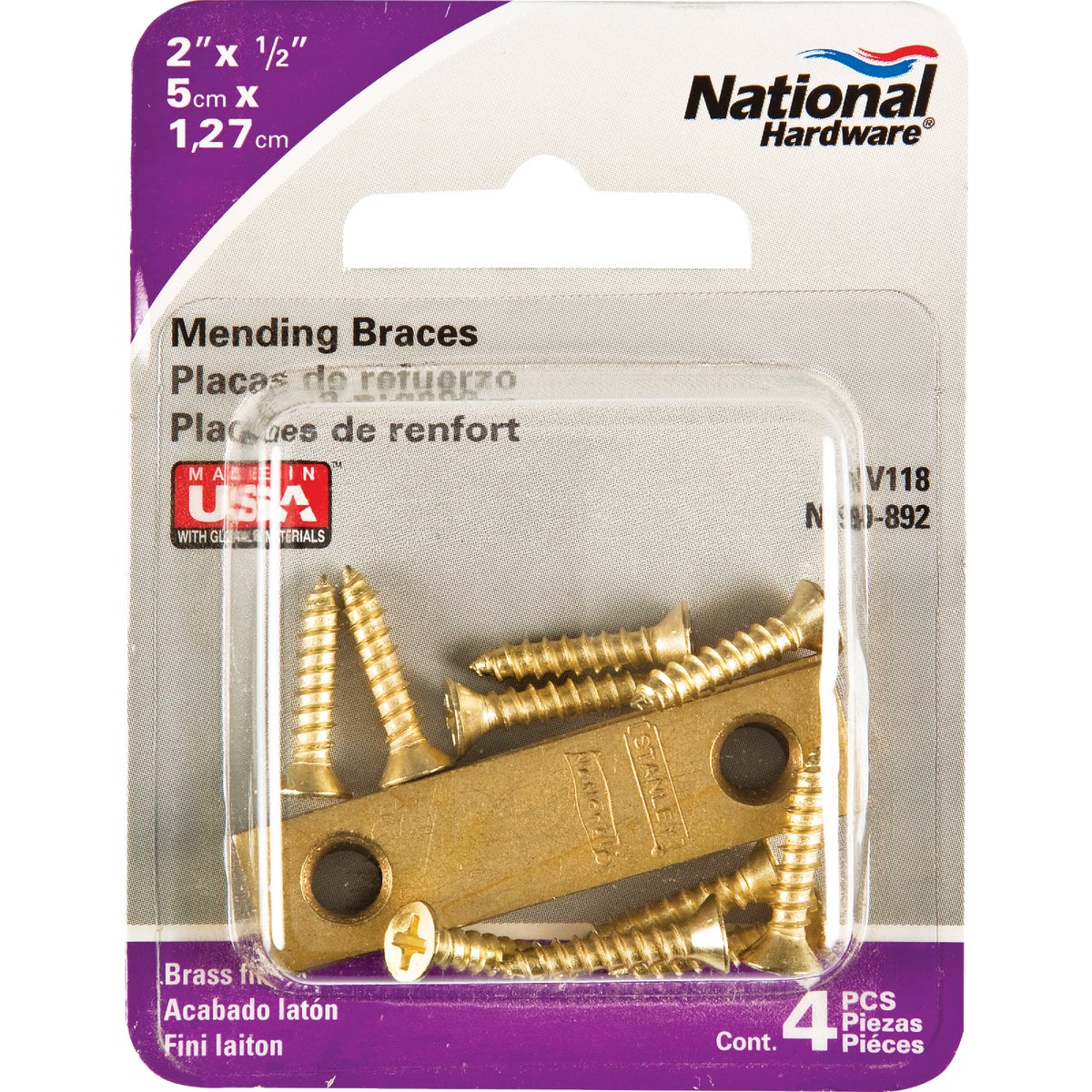 National Catalog 118 2 In. x 1/2 In. Brass Steel Mending Brace (4-Count)