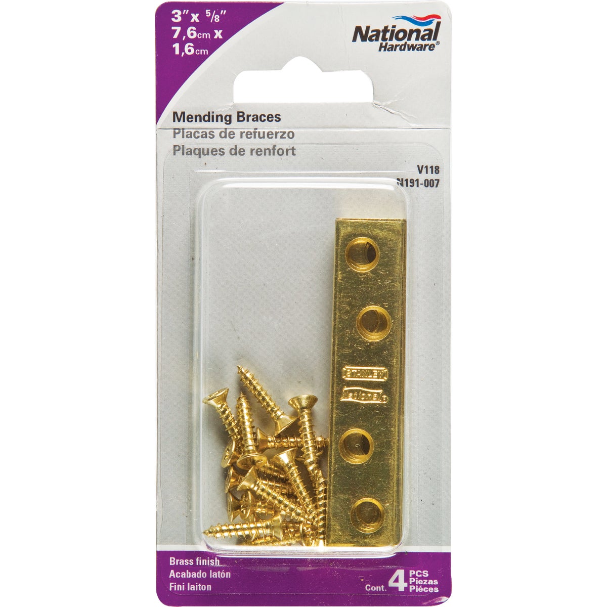 National Catalog 118 3 In. x 5/8 In. Brass Steel Mending Brace (4-Count)