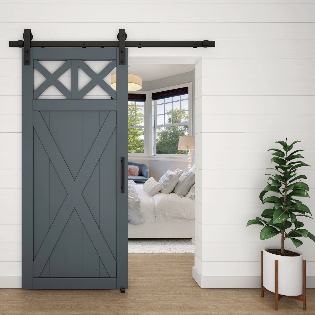 National 927 72 In. Matte Black Designer Interior Barn Door Kit with Soft Close