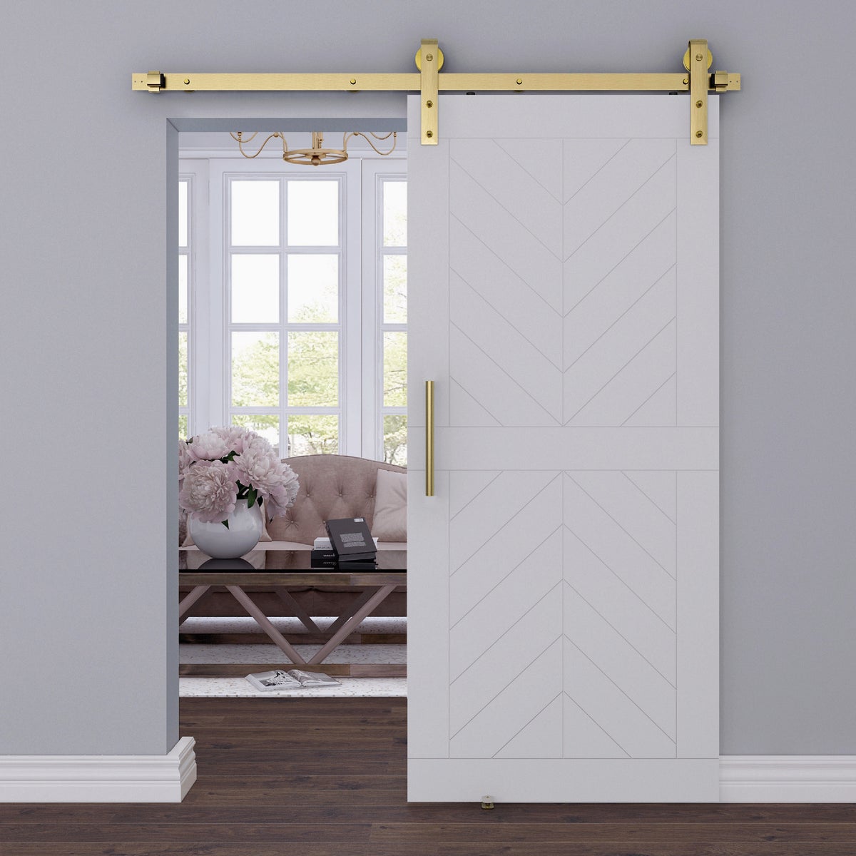 National 927 72 In. Brushed Gold Designer Interior Barn Door Kit with Soft Close