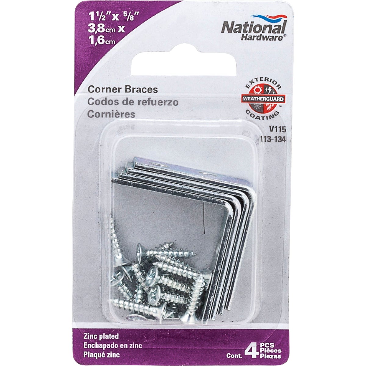 National Catalog V115 1-1/2 In. x 5/8 In. Zinc Steel Corner Brace (4-Count)