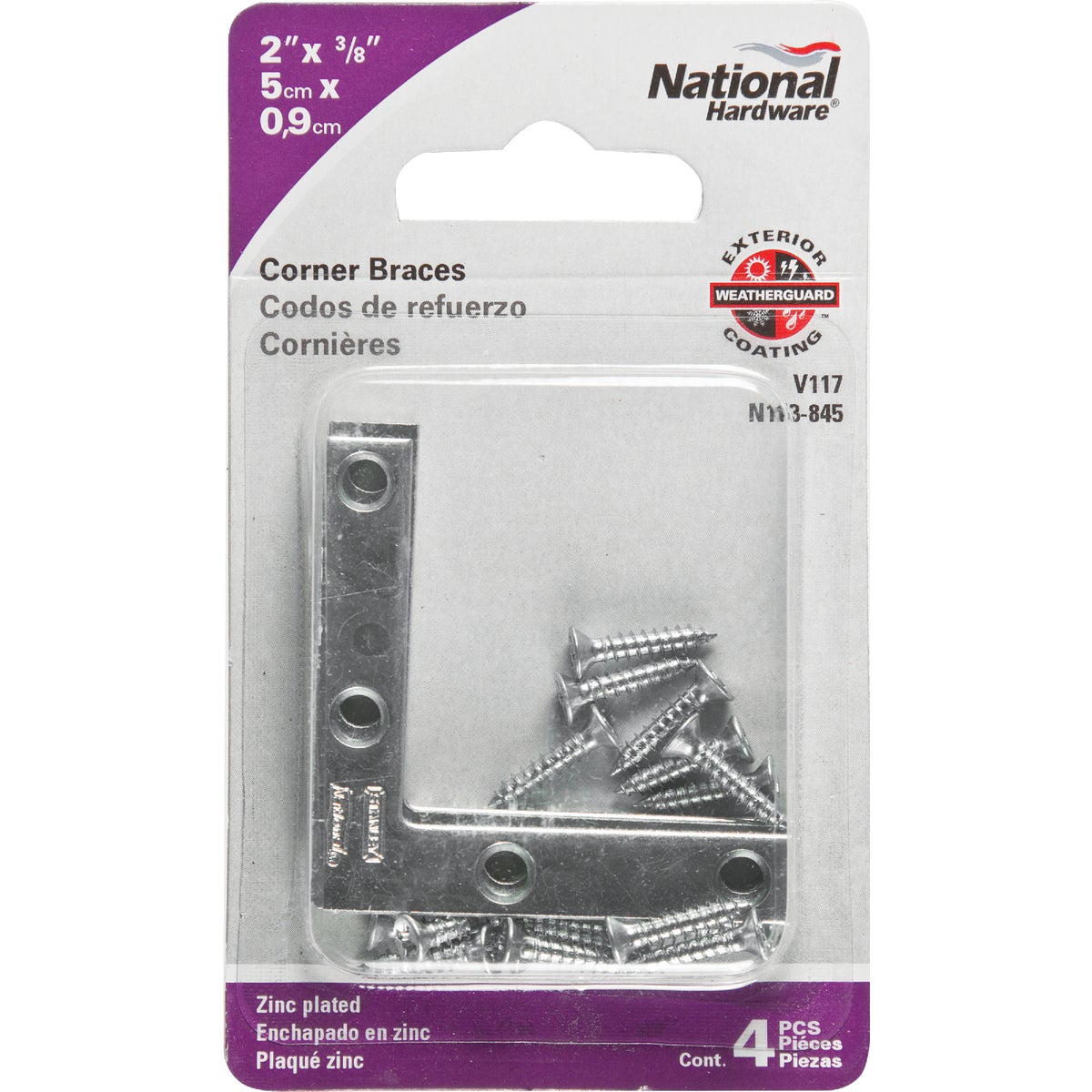 National Catalog 117 2 In. x 3/8 In. Zinc Flat Corner Iron (4-Count)