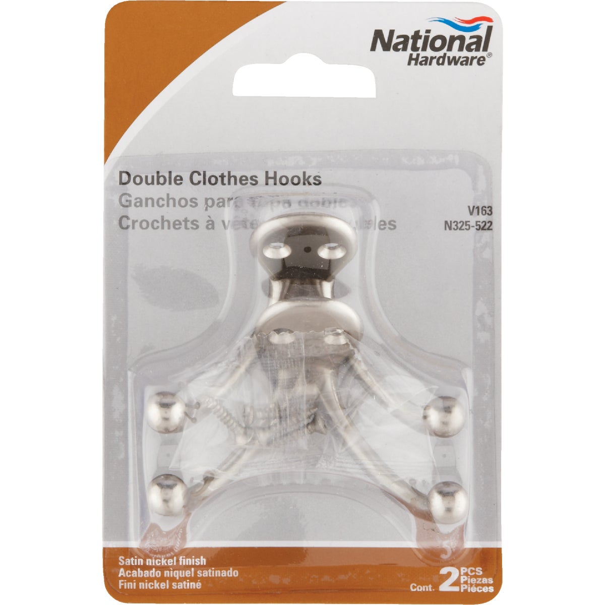 National Satin Nickel Double Cloth Wardrobe Hook, 2 per Card