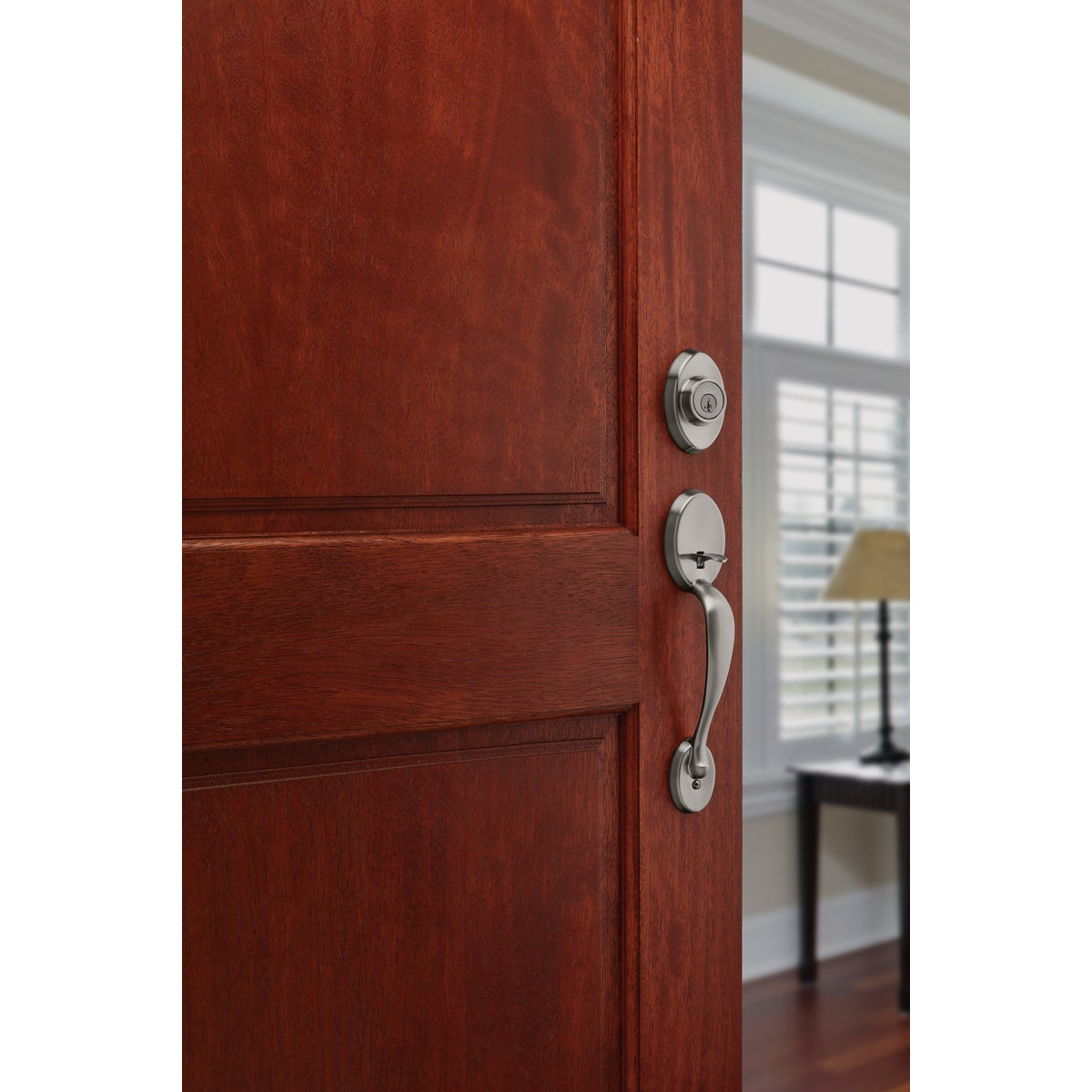 Kwikset Signature Series Chelsea Satin Nickel Entry Door Handleset with Smartkey & Cameron Knob