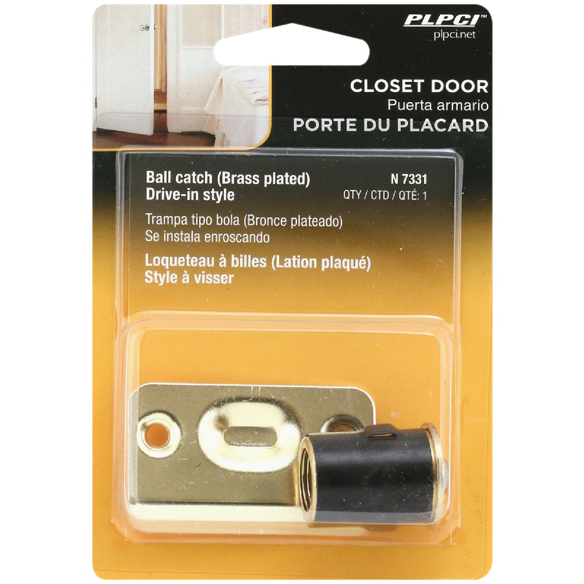 Prime-Line 3/4 In. x 1-3/16 In. Brass Drive-In Ball Bullet Catch & Strike