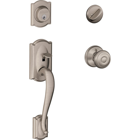 Schlage Satin Nickel Camelot Entry Door Handleset with Single Cylinder Deadbolt and Georgian Knob