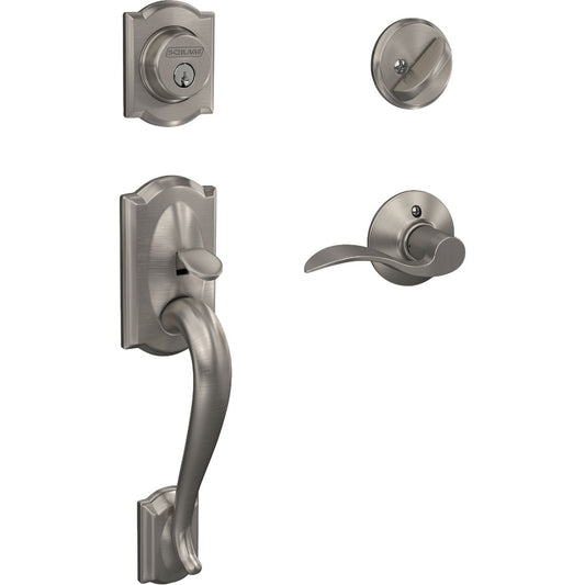 Schlage Camelot Handleset with Single Cylinder Deadbolt and Accent Lever in Satin Nickel - Left Handed