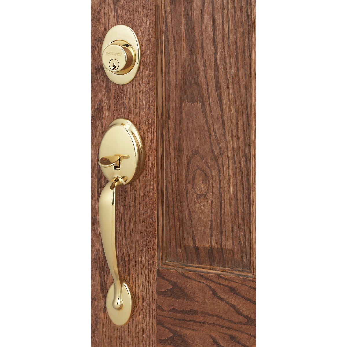 Schlage Bright Brass Entry Door Handleset with Plymouth Knob