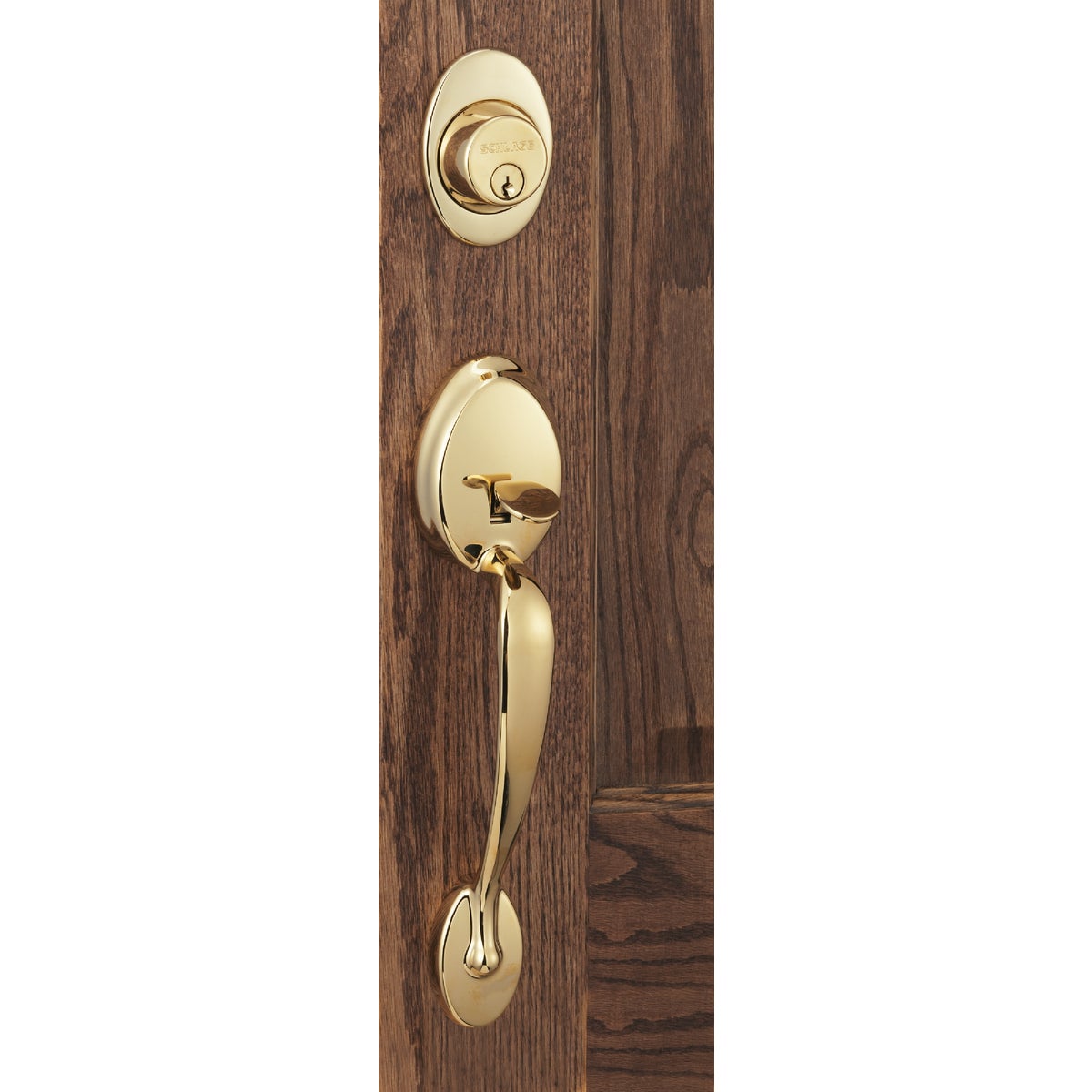 Schlage Bright Brass Entry Door Handleset with Plymouth Knob