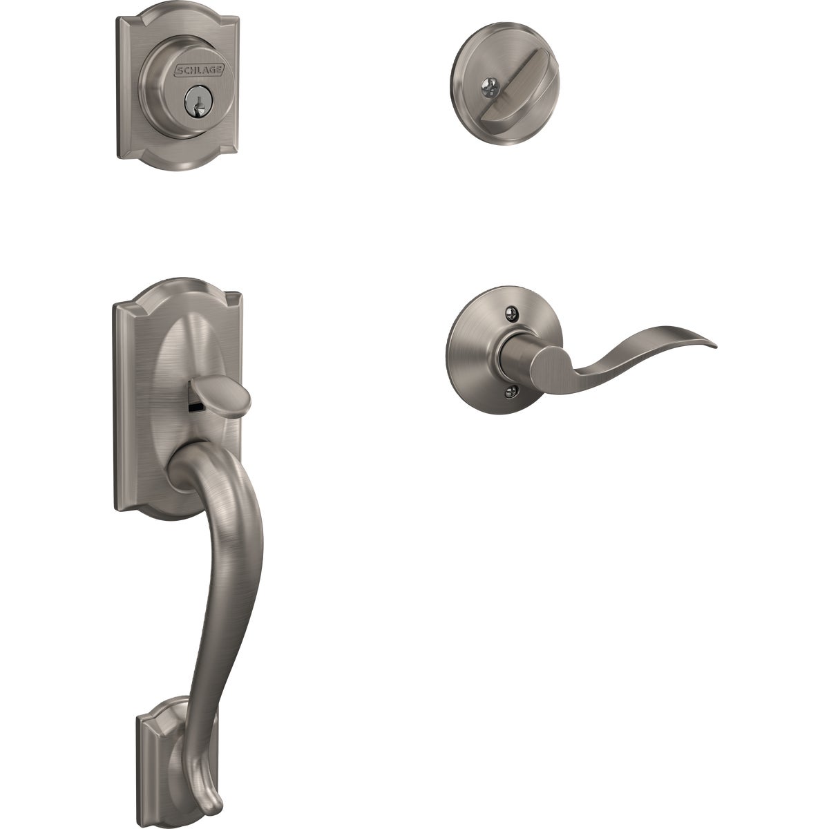 Schlage Camelot Handleset with Single Cylinder Deadbolt and Accent Lever in Satin Nickel - Right Handed