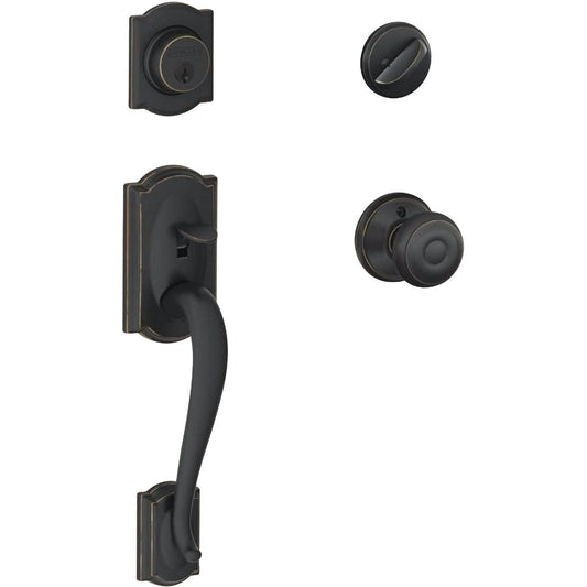 Schlage Camelot Handleset with Single Cylinder Deadbolt and Georgian Knob in Aged Bronze