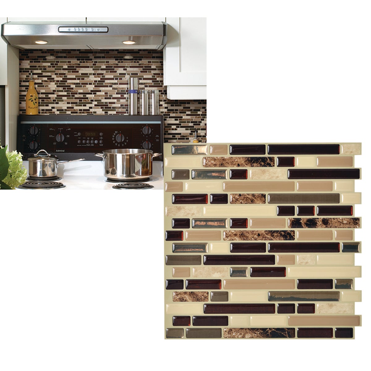 Smart Tiles Approx. 10 In. x 10 In. Glass-Like Vinyl Backsplash Peel & Stick, Bellagio Keystone Mosaic