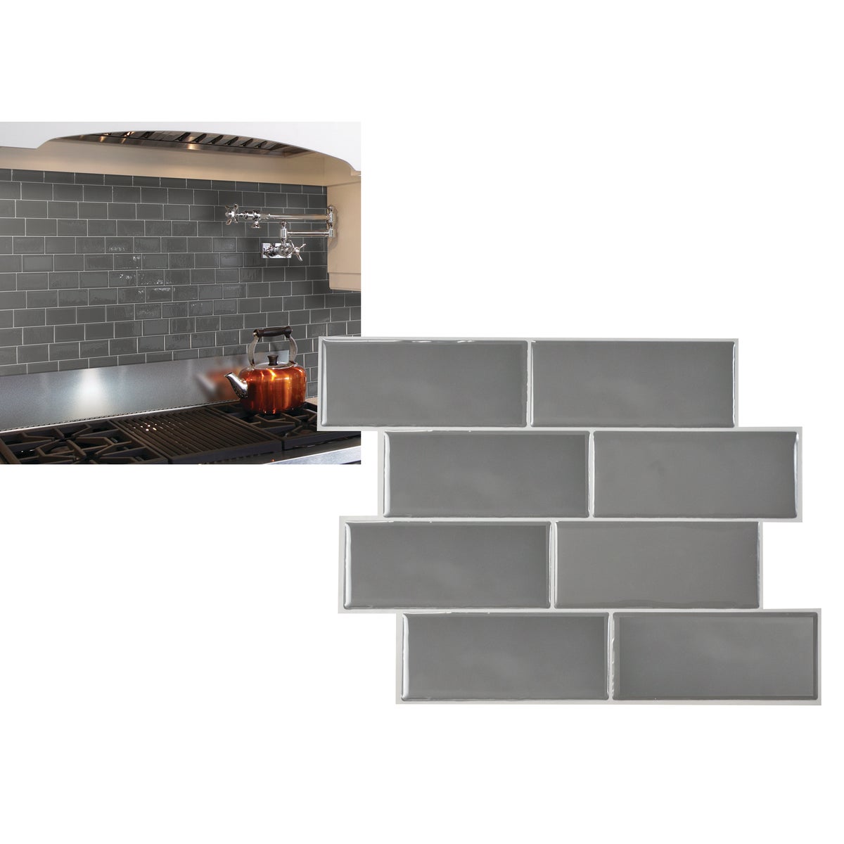 Smart Tiles Approx. 9 In. x 11 In. Glass-Like Vinyl Backsplash Peel & Stick, Metro Grigio Subway Tile