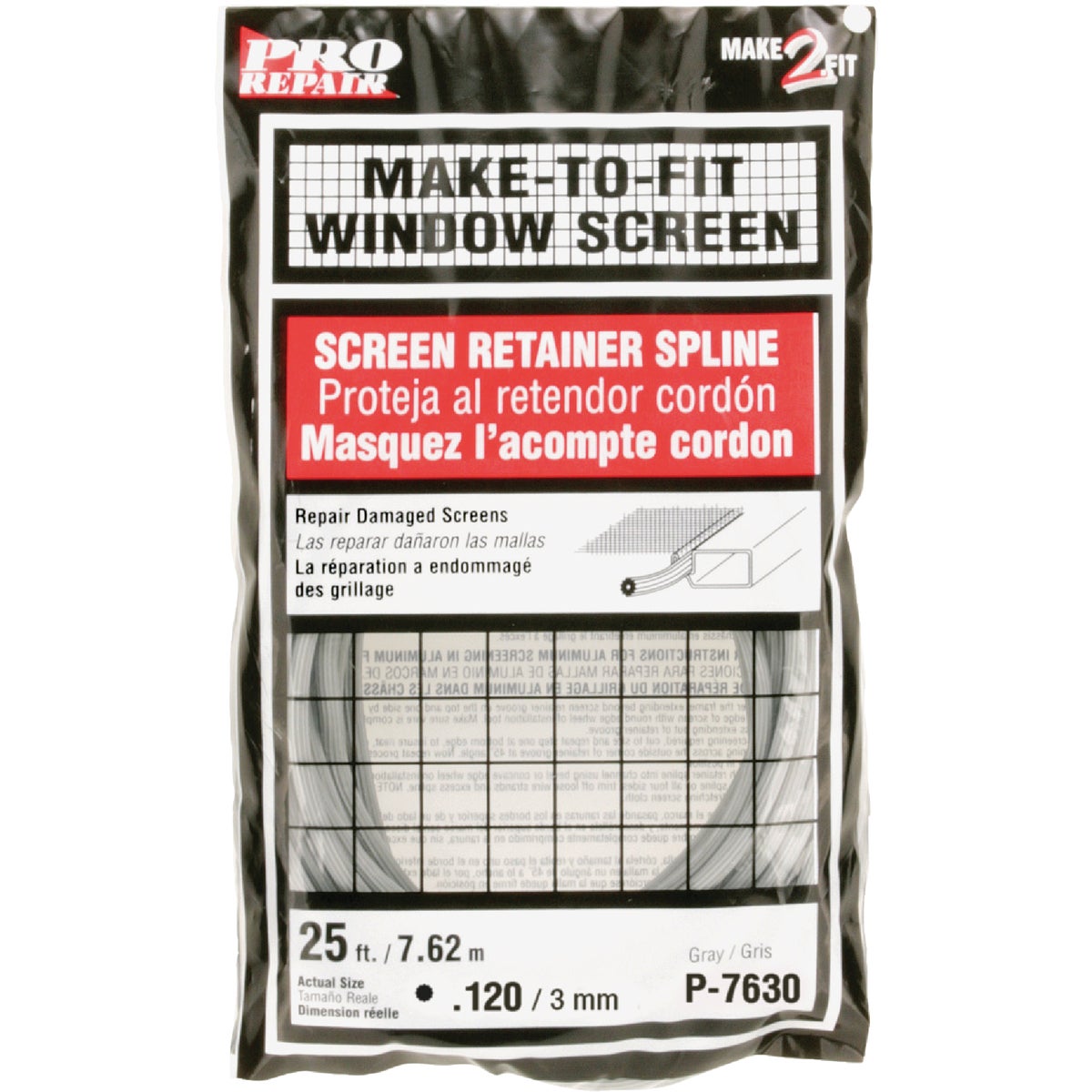 Prime-Line 0.120 In. Dia. x 25 Ft. L. Gray Vinyl Screen Retainer Spline