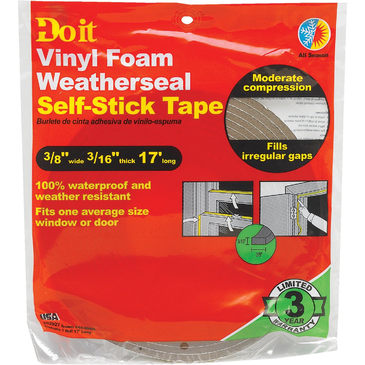 Do it 3/8" W x 3/16" T x 17' L Brown Foam Weatherstrip Tape