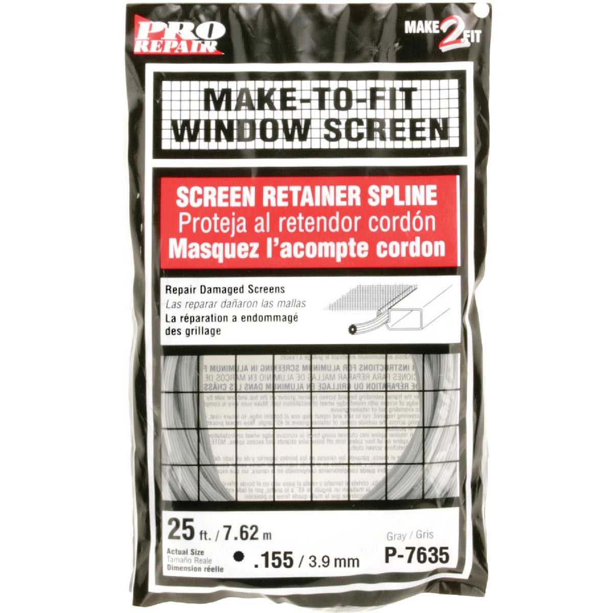 Prime-Line 0.155 In. Dia. x 25 Ft. L. Gray Vinyl Screen Retainer Spline