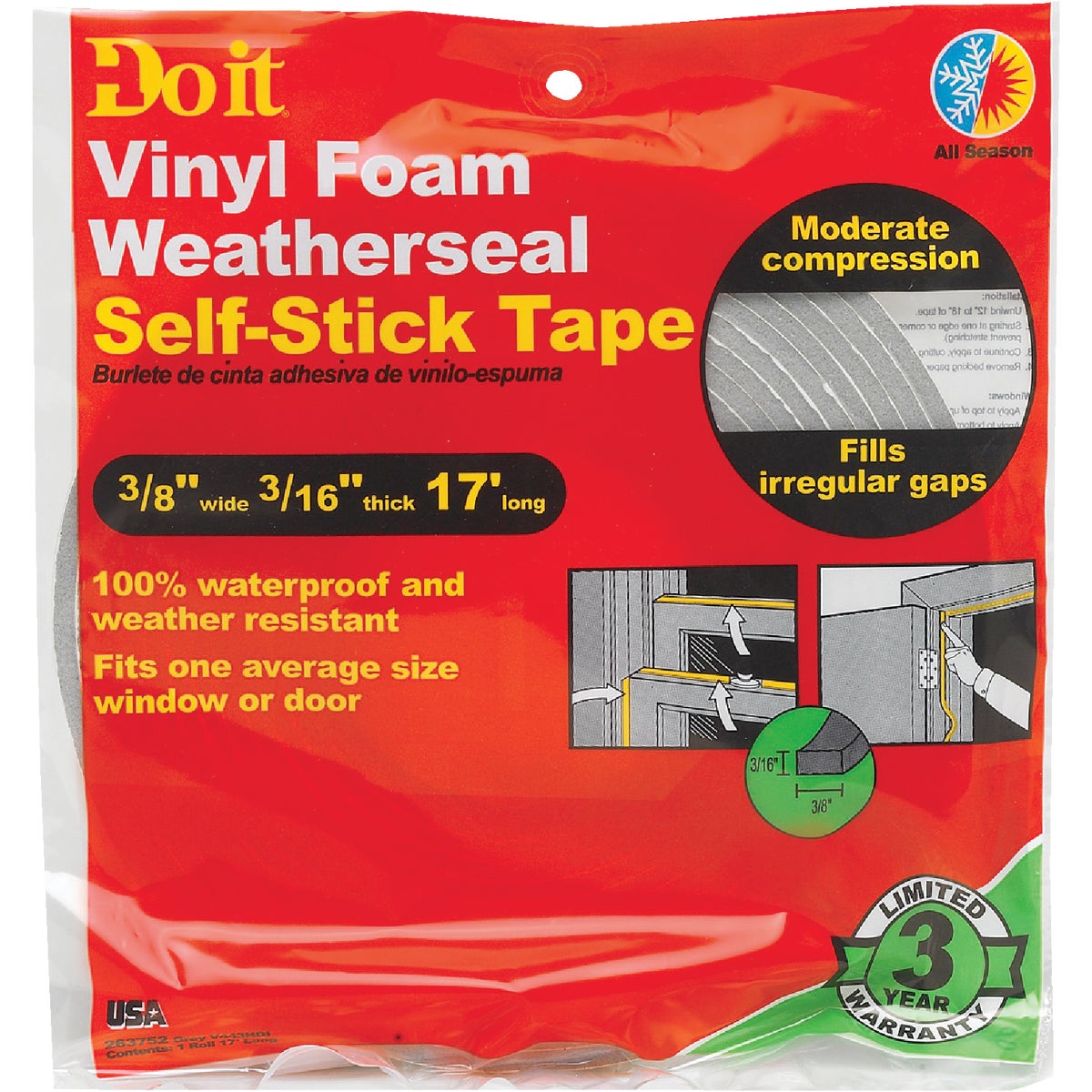 Do it 3/8" W x 3/16" T x 17' L Gray Foam Weatherstrip Tape