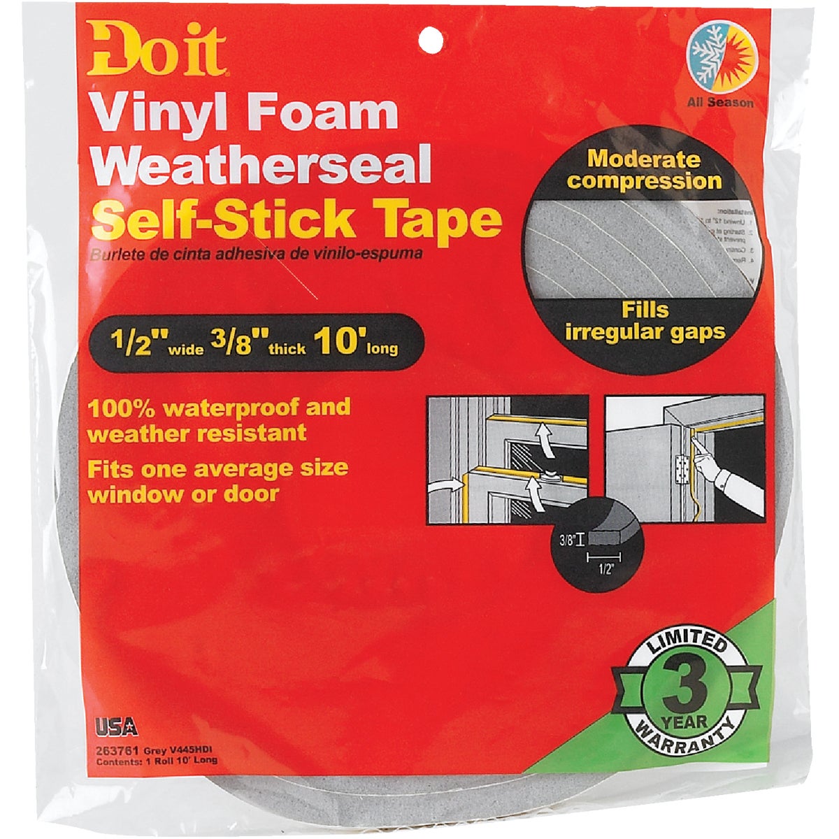 Do it 1/2" W x 3/8" T x 10' L Gray Foam Weatherstrip Tape