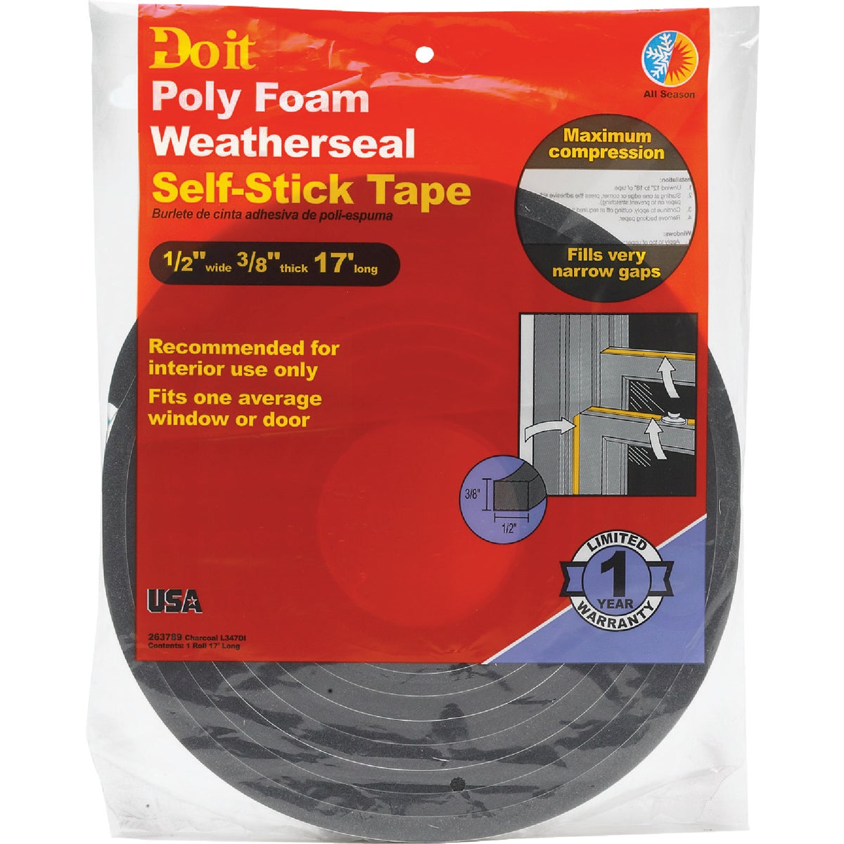 Do it 1/2" W x 3/8" T x 17' L Charcoal Foam Weatherstrip Tape