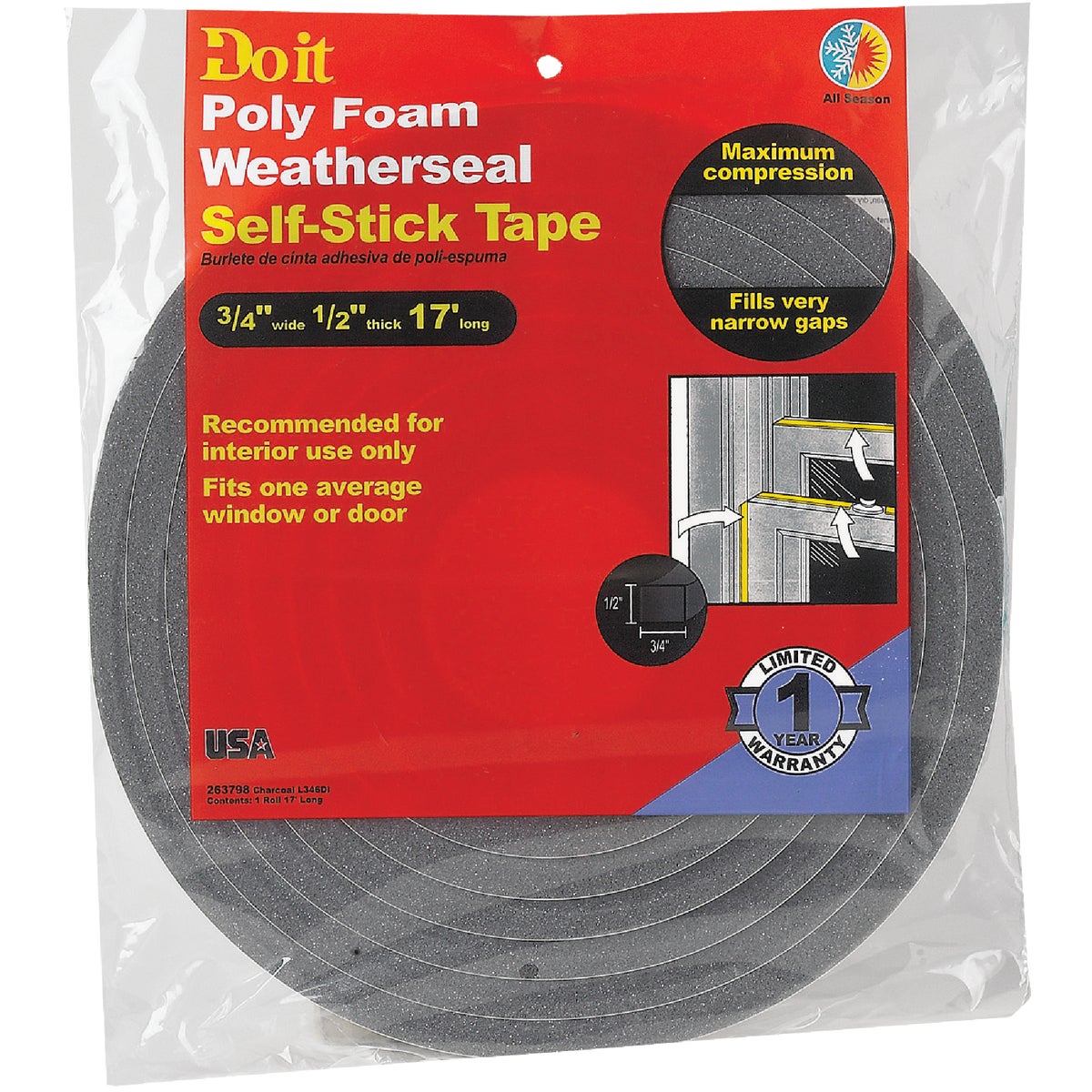 Do it 3/4" W x 1/2" T x 17' L Charcoal Foam Weatherstrip Tape